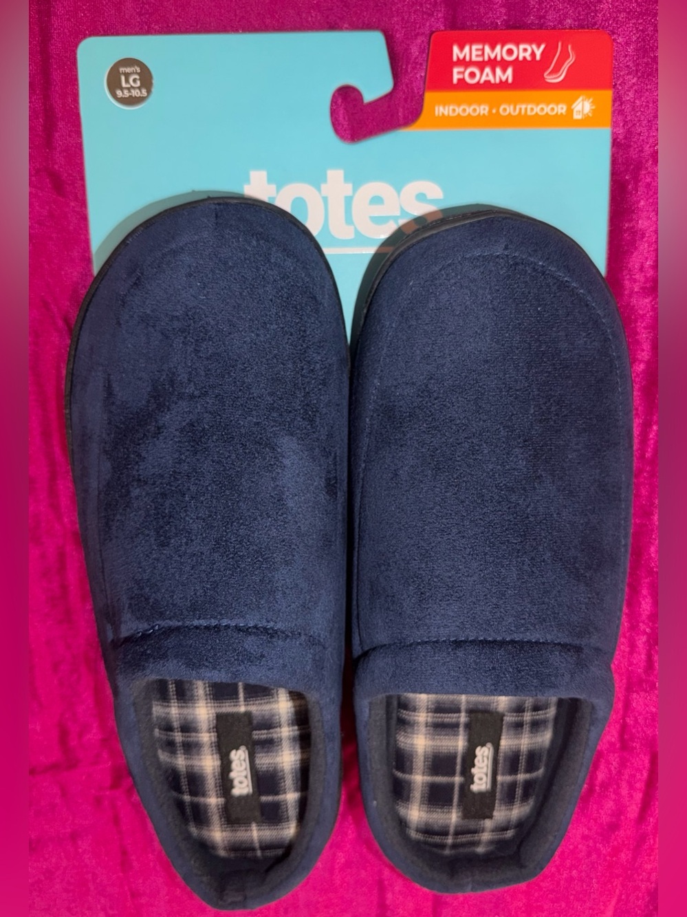 Totes Navy Plush Memory Foam Slip-Ons with Plaid Lining